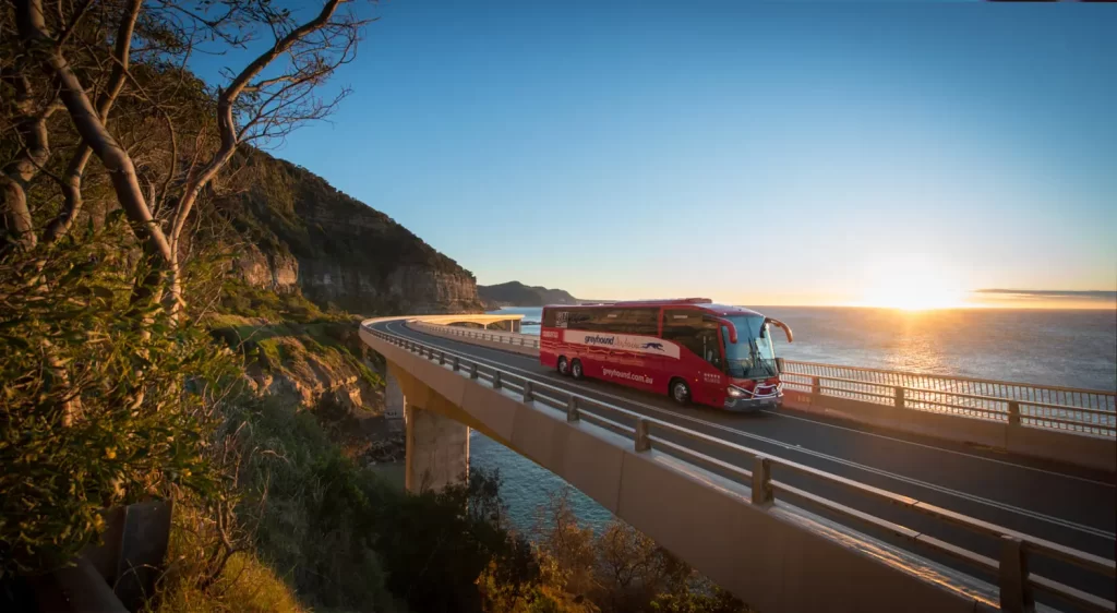 Greyhound bus at sunset