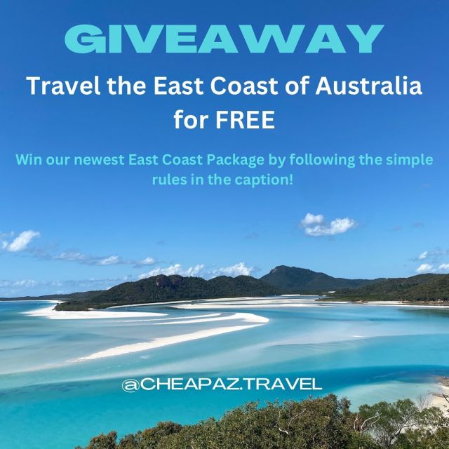 To celebrate the launch of our new “Jamie’s Cairns to Brisbane East Coast Package” we are letting someone do it completely FREE🗺️

Just follow these rules:
1. Follow @cheapaz.travel & @jamie_stapleton97 
2. Tag Three Friends in the comments 
3. Share to your story 

Winner will receive:
* 1 day Great Barrier Reef Snorkelling Trip in Cairns 🤿 
* 2 night stay on Magnetic Island including return ferry 🧲 
* Sailing for 2 days and 2 nights on the Whitsundays🛥️ 
* 3 days and 2 nights K’Gari (Fraser Island) Tagalong camping adventure 🏝️ 
* Safari cruise & canoe eco tour on the Noosa Everglades 🌳 
* A ticket to Australia Zoo 🦘 
* 8 nights Accomodation 🏡 
* 13 meals on the trip 🍽️ 

Winner announced Friday 27th of October 🙌🏼

T & C's
All tour and accommodation booking dates are dependant on availibilty
Prizes cannot be sold or passed onto another person
Not Redeemable for Cash
Must adhere to terms and conditions set by tour operators
