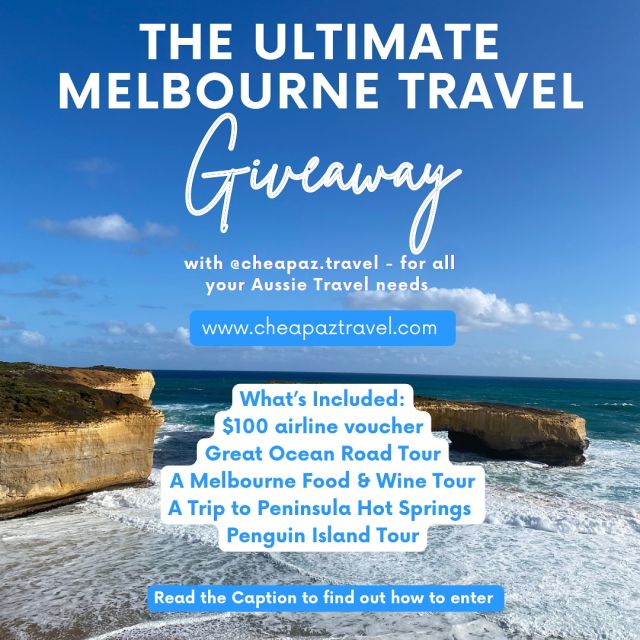 ***The Ultimate Melbourne Travel Instagram GIVEAWAY***

The Australian Open has hit Melbourne & to celebrate we are hitting you with the ULTIMATE Melbourne travel giveaway worth $800 🎾 

The lucky winner will win a $100 airline voucher & the below Explore Australia tours:
• $100 voucher for an airline of your choice
• Great Ocean Road Tour
• A Melbourne Food and wine Tour
• Penguin Island Tour
• A trip to Peninsula Hot Springs

How to enter:
1. Follow @cheapaz.travel & @exploreaustraliatours 
2. Tag 2 friends in the comments (every 2 people tagged is a new entry)
3. Share this post to your story & tag us 🤍

The winner will be announced on Friday 9th of February and will only be announced from this page 

#so don’t trust any other pages that might message you pretending to be us.

A bit about us:
We are @cheapaz.travel a small Melbourne based travel company our aim since opening 18 years ago has always been to allow people amazing travel experiences around Australia, New Zealand & Fiji at a price that doesn’t break the bank. As our name suggest we want to allow you to experience these beautiful countries at a price that is as Cheap Az! 

We are experts in what we do and offer east coast australia packages, campervan rentals, bus passes, bed hopper hostels passes, NZ & Fiji experience and any trips & experiences around australia you can think of 🤍

If you’ve any questions or want to start planning your next dream adventure just shoot us a message and we’ll look after you 🫶🏼

Best of luck, we’re rooting for you!

#exploreaustralia #australiatravel #melbourne #exploremelbourne #melbournetravel #greatoceanroad